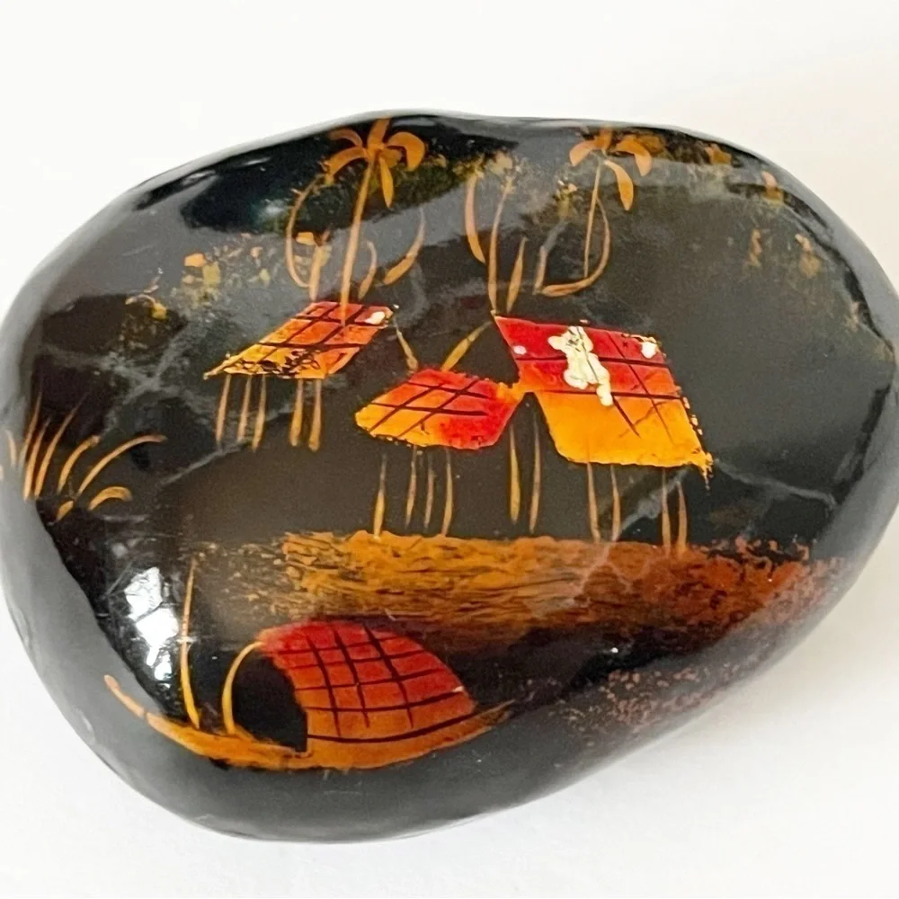 Black Lacquer Footed Wooden Bowl Boat Koi Iridescent Blue Paperweight Vietnam 3x